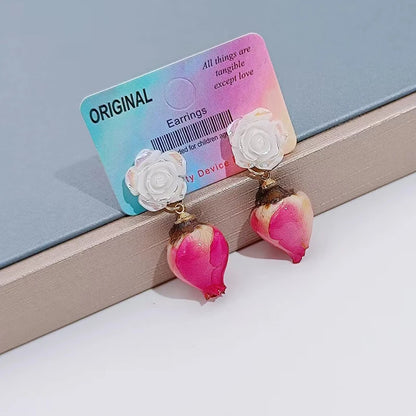 Unique Immortal Flower Earrings Elegant Natural Flower Pearl Drop Earrings Statement Jewelry Epoxy Resin Real Rose Earring 2024