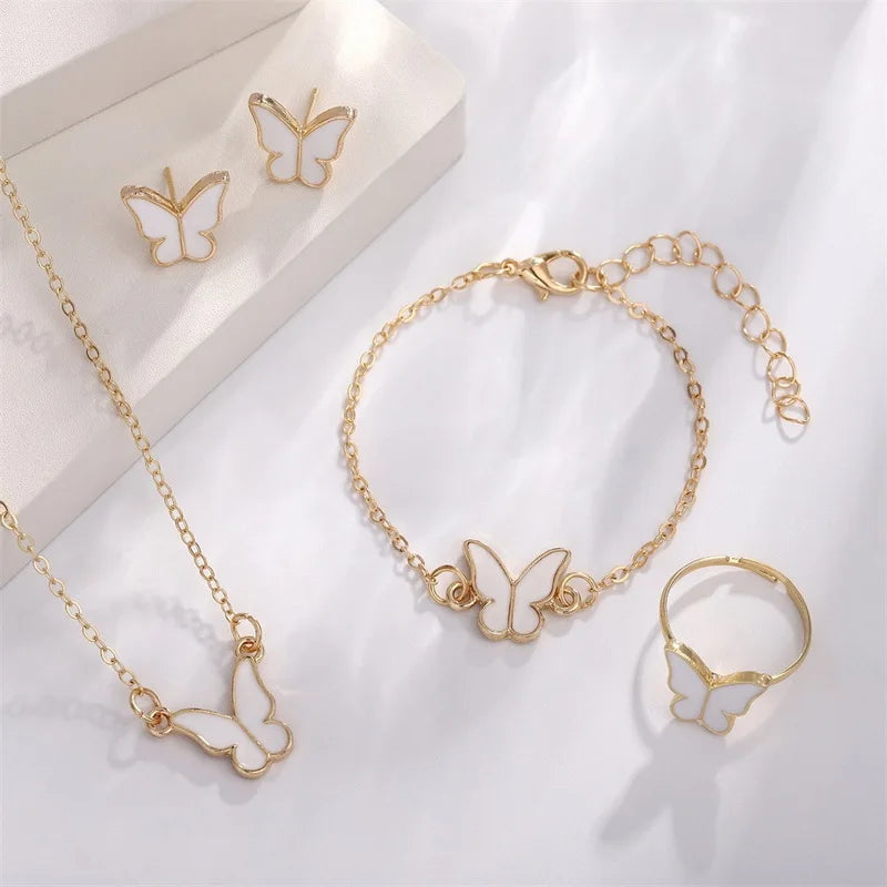 Fashion Butterfly Jewelry Set Acrylic Romantic Bracelet Ring Necklace Earring Set for Women Wedding Party New Year Festival Gift