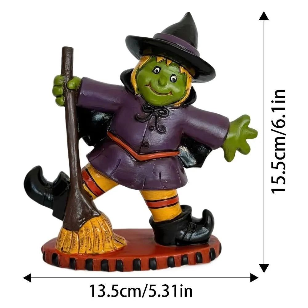 EtherealBe Halloween witch figurine in colorful attire with a broomstick, perfect for festive decor