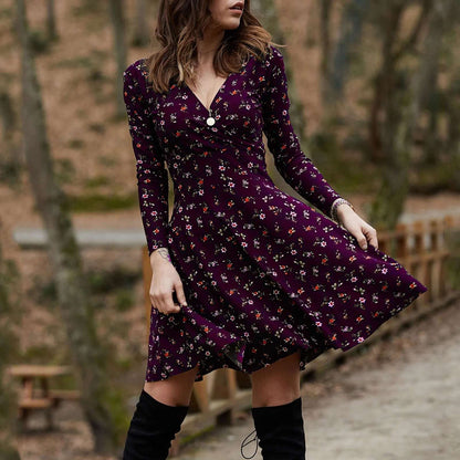 V Neck Manches Long Sleeve Robe Female Retro Elegant Party Culb Dress Temperament Solid Color High Waist Pleated Dresses