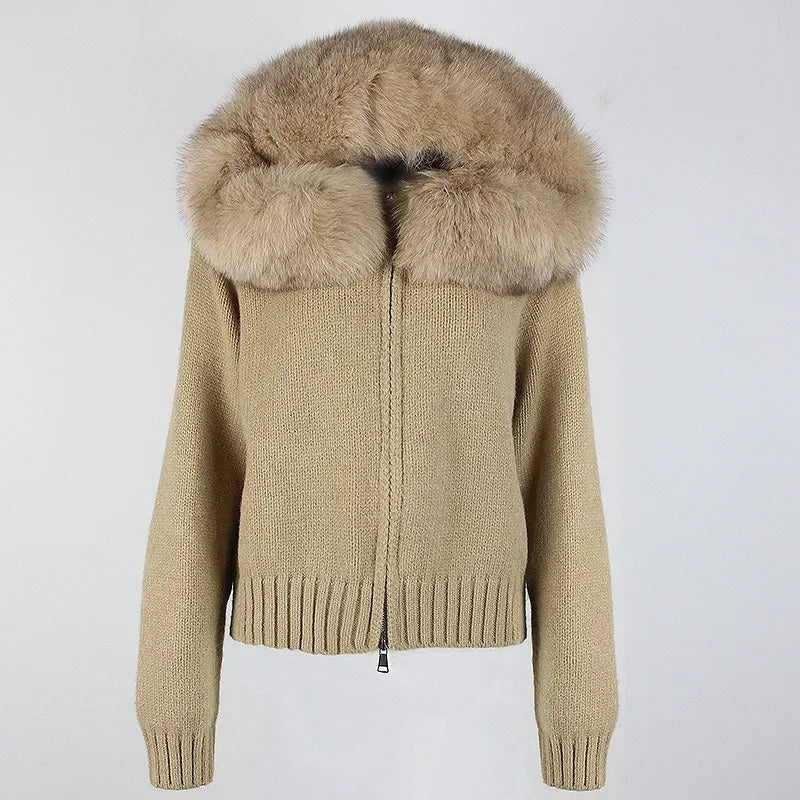 Coat Women Cardigan Natural Fox Fur Coat Women Real Mongolian Fur Knitwear Female Spring Autumn Hooded Knitted Fur Jacket