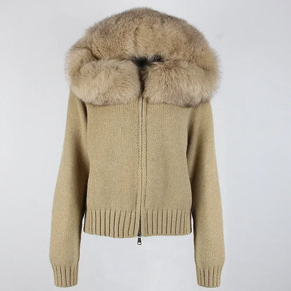 Coat Women Cardigan Natural Fox Fur Coat Women Real Mongolian Fur Knitwear Female Spring Autumn Hooded Knitted Fur Jacket