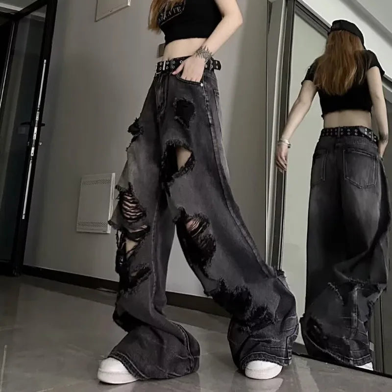 Ripped jeans for women in summer, cool, old high street American wide-leg pants loose and versatile straight trousers y2k jeans