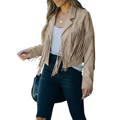 EtherealBe fringe suede jacket with tassels for women, stylish and perfect for casual outfits