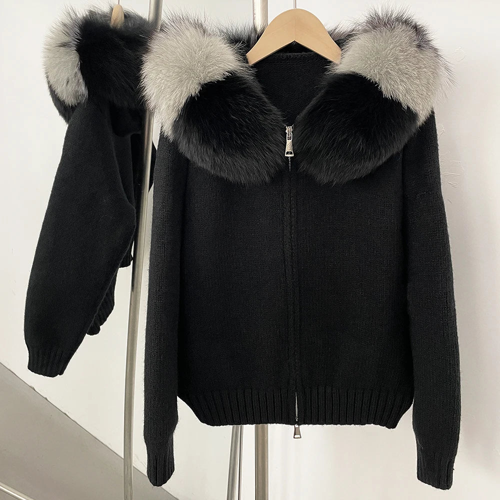 OFTBUY Real Fox Fur Kintwear Women 2025 New Spring Autumn Hooded Sweater Female Loose Zipper Kintted Jacket Oversized Cardigan