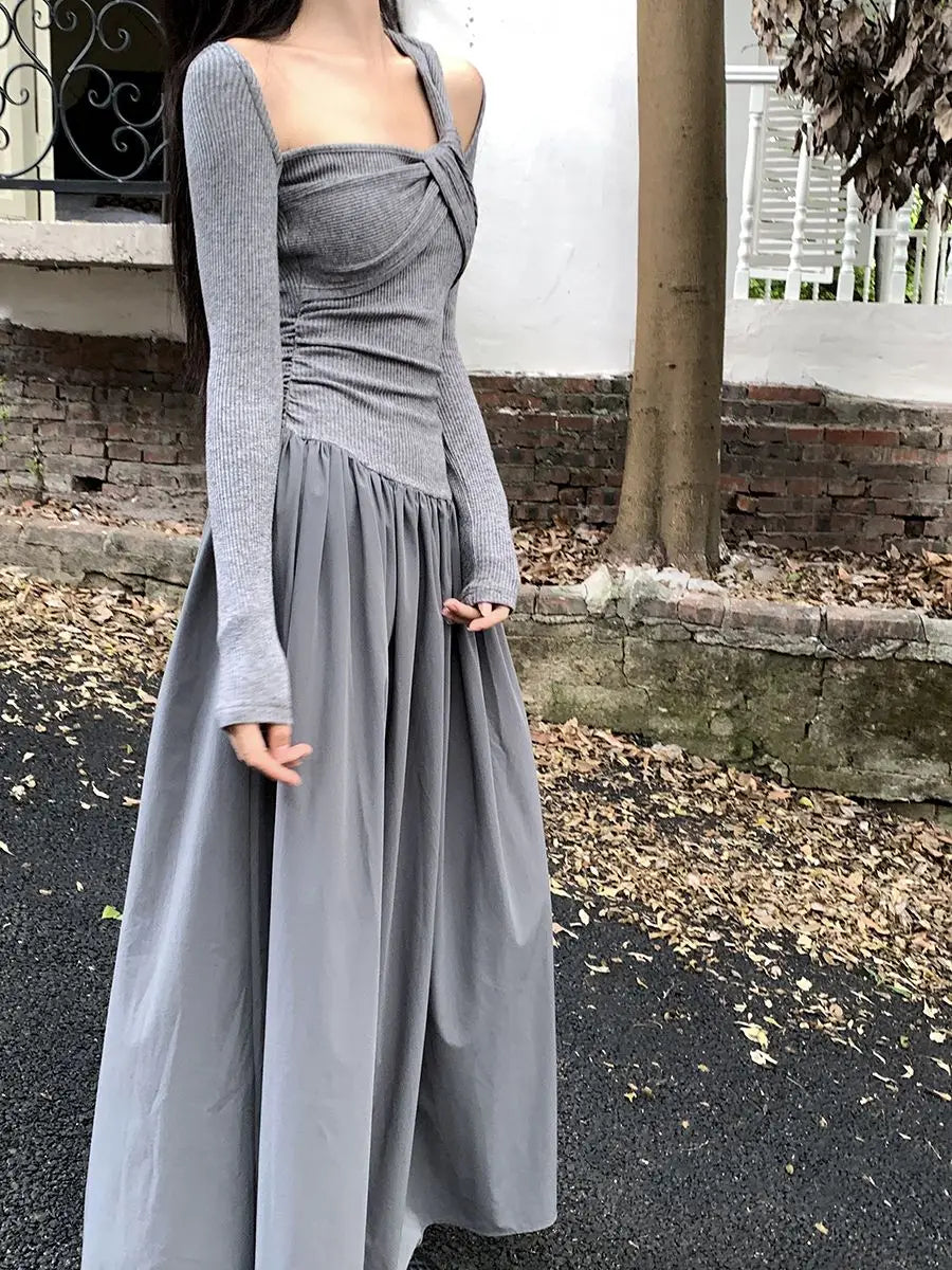 Autumn Skew Collar Halter Aura Dresses Solid Color Female Clothing Folds Stylish Irregular Basic Long Sleeve Spliced Long Dress