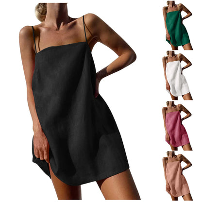 Summer Dresses Women Linen Vacation Cute Spaghetti Strap Fashion High Waist Backless Pockets Casual Summer Beach Dress