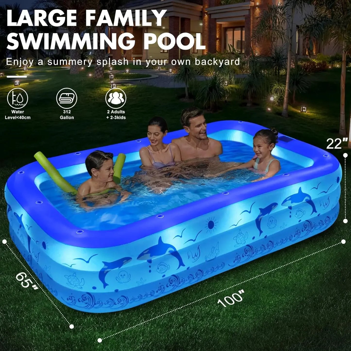 Inflatable Pool with Lights, Upgraded Family Inflatable Swimming Pool for Kids&Adults,Blowup Pool Solar Powered,Large Kiddie