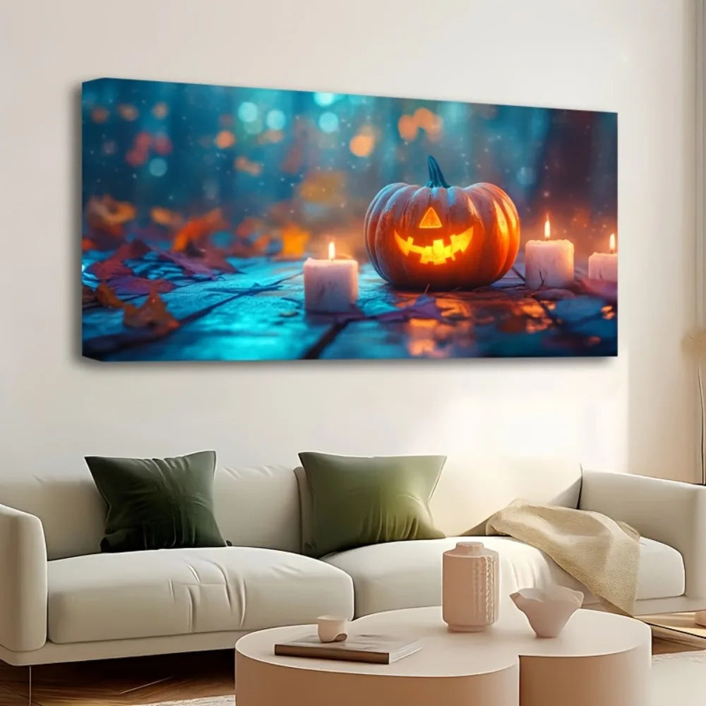 Vibrant retro Halloween wall art featuring a glowing pumpkin and candles on a cozy living room wall
