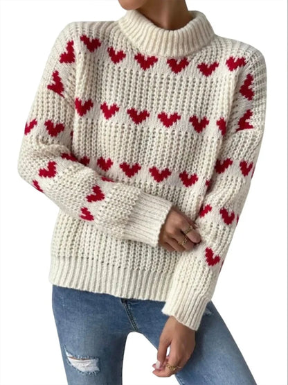 Autumn/Winter New Arrivals European & American Style Pullover Sweater Loose-Fit Heart-Pattern Jacquard Knitwear for Women
