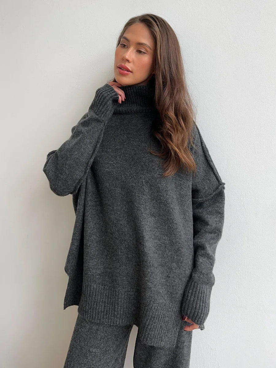 Bornladies Women's Autumn Winter Turtleneck Sweater Pants Set Loose Casual Knitted Sweater  Thicke Loose Pullover 2 Pieces Sets