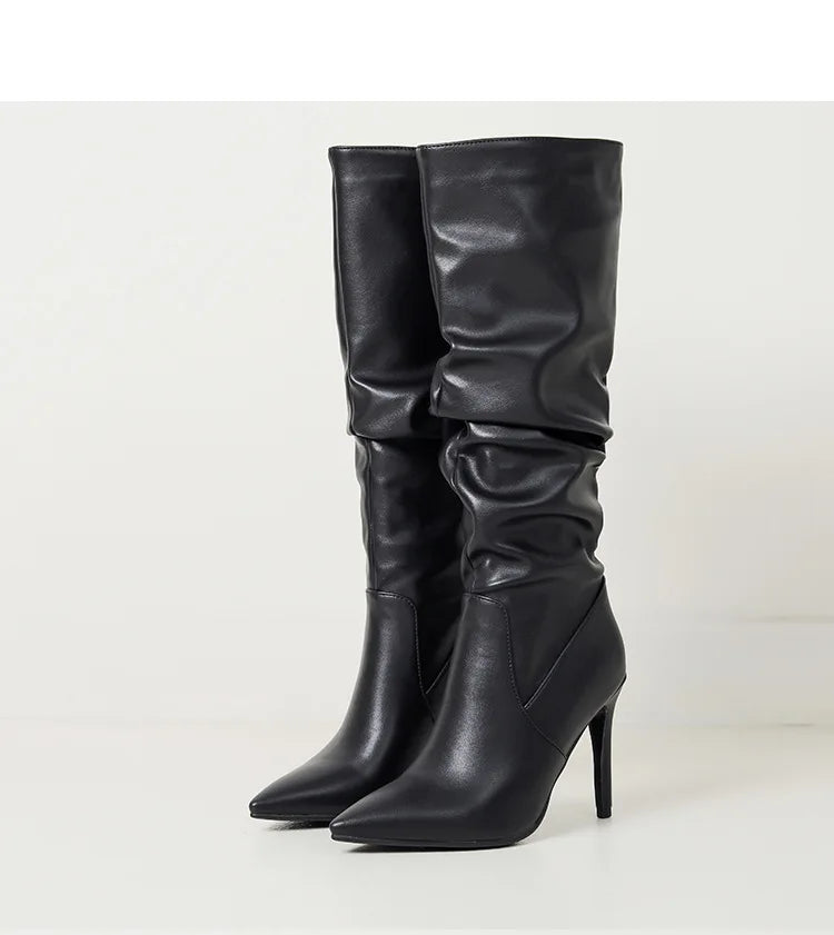 2025 Winter Knee Boots With Heels Woman 10CM Stiletto Fashion Slip on Pointy Autumn Shoes Women Soft Leather Pleated Long Boots