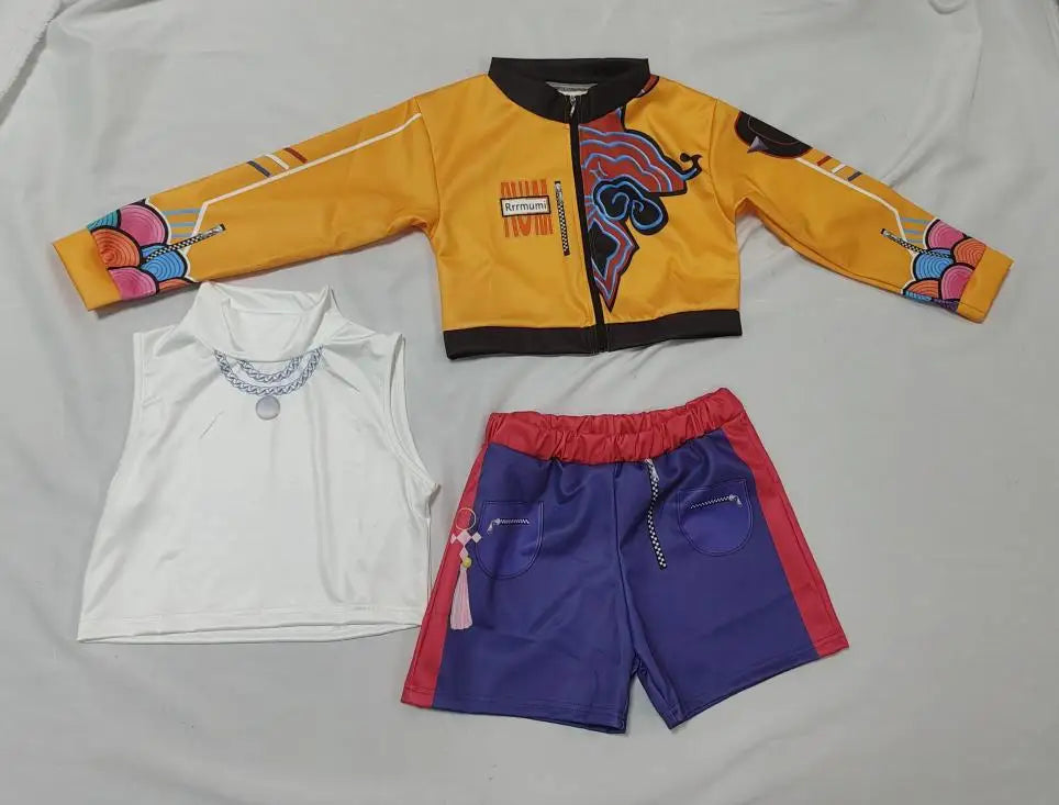 Zoey Rumi kids costume three piece yellow printed jacket white sleeveless top and purple shorts