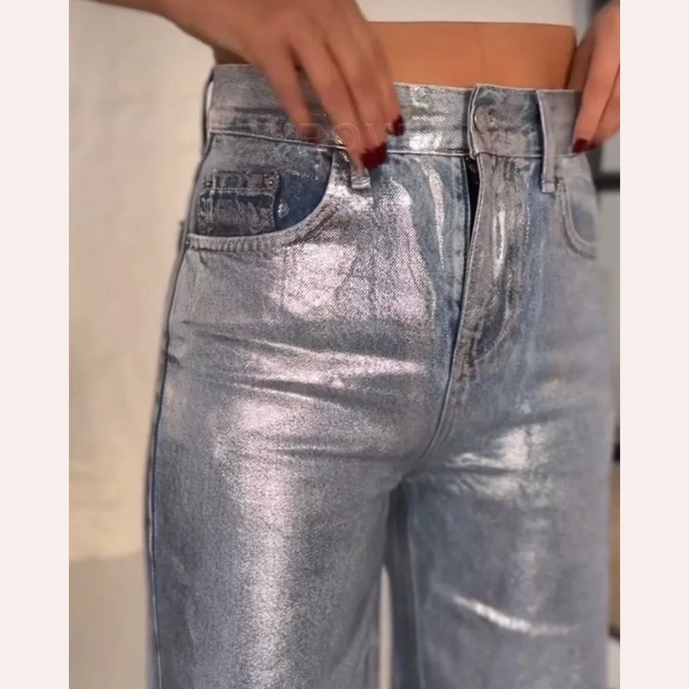 Straight Jeans For Women High Waist Patchwork Vintage Chic Jean Female Fashion Clothes Streetwear Y2K Metallic Clothing 2024