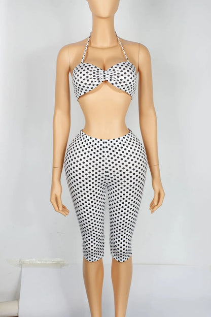 Weird Puss Polka Dot Print Women 2 Piece Set Halter Tank Tops+Bike Shorts Stretch Matching Streetwear Vacation Stretch Outfits