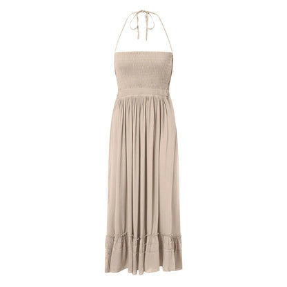 Womens Dresses 2024 Spring Summer Deep V Neck Women'S Smocked Maxi Dresses Summer 2023 Sexy Flowy Beach Long Backless Slip 롱원피스