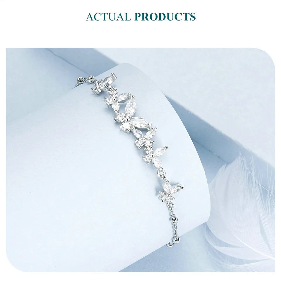 Bamoer 925 Sterling Silver Exquisite Dancing Butterfly Bracelet Pave Setting CZ Shiny Chain Link for Women Wedding Fine Jewelry