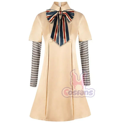 M3GAN cosplay costume for kids with a cream dress and striped sleeves, perfect for themed events