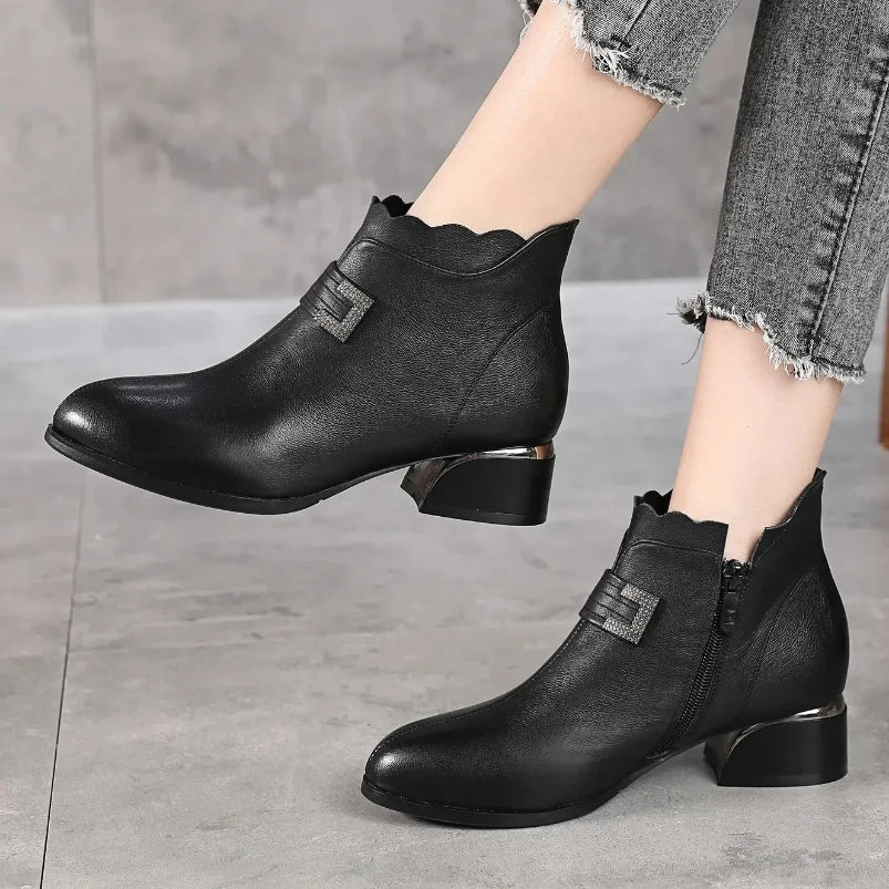 2025 Fashion Genuine Leather Ankle Boots Women Thick Heels Zipper Pointed Toe Autumn Winter Woman Shoes Soft Sole Short Boots