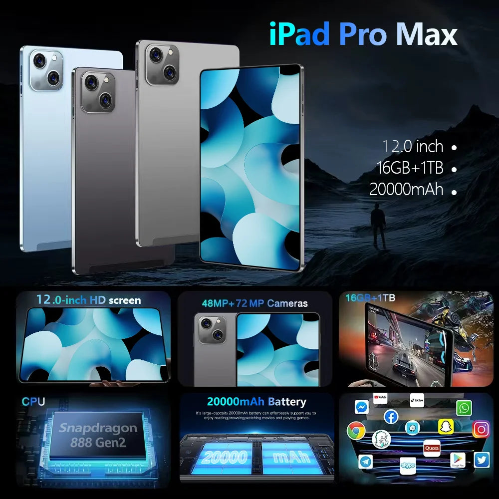2025 NEW Original iPad PRO MAX 12inch Tablet Android 15 16GB+1TB 20000mAh 5G DualSIM Bluetooth WiFi HD 4K Screen Tablet PC Wifi7