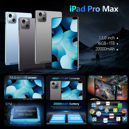2025 NEW Original iPad PRO MAX 12inch Tablet Android 15 16GB+1TB 20000mAh 5G DualSIM Bluetooth WiFi HD 4K Screen Tablet PC Wifi7