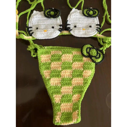Cute Crochet Bikini Set 2 Pieces Lady's Bathing Suits Sexy Micro Bikinis Ties Swimsuit Thong Swimwear Kwaii Womens Swimming Suit