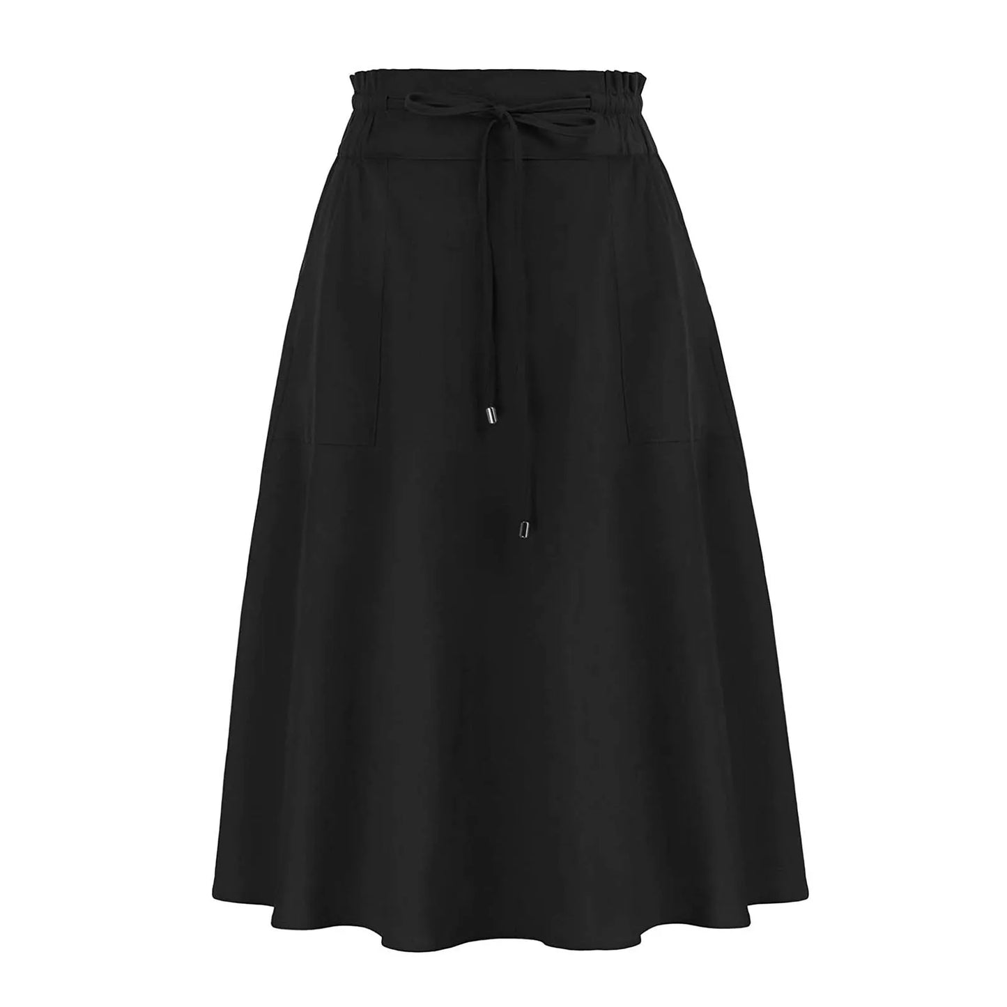Summer Knee Length Boho Skirt Women Drawstring Ruffled High Waist Lace Up Solid Color A-Line Skirt Pockets Pleated Skirt