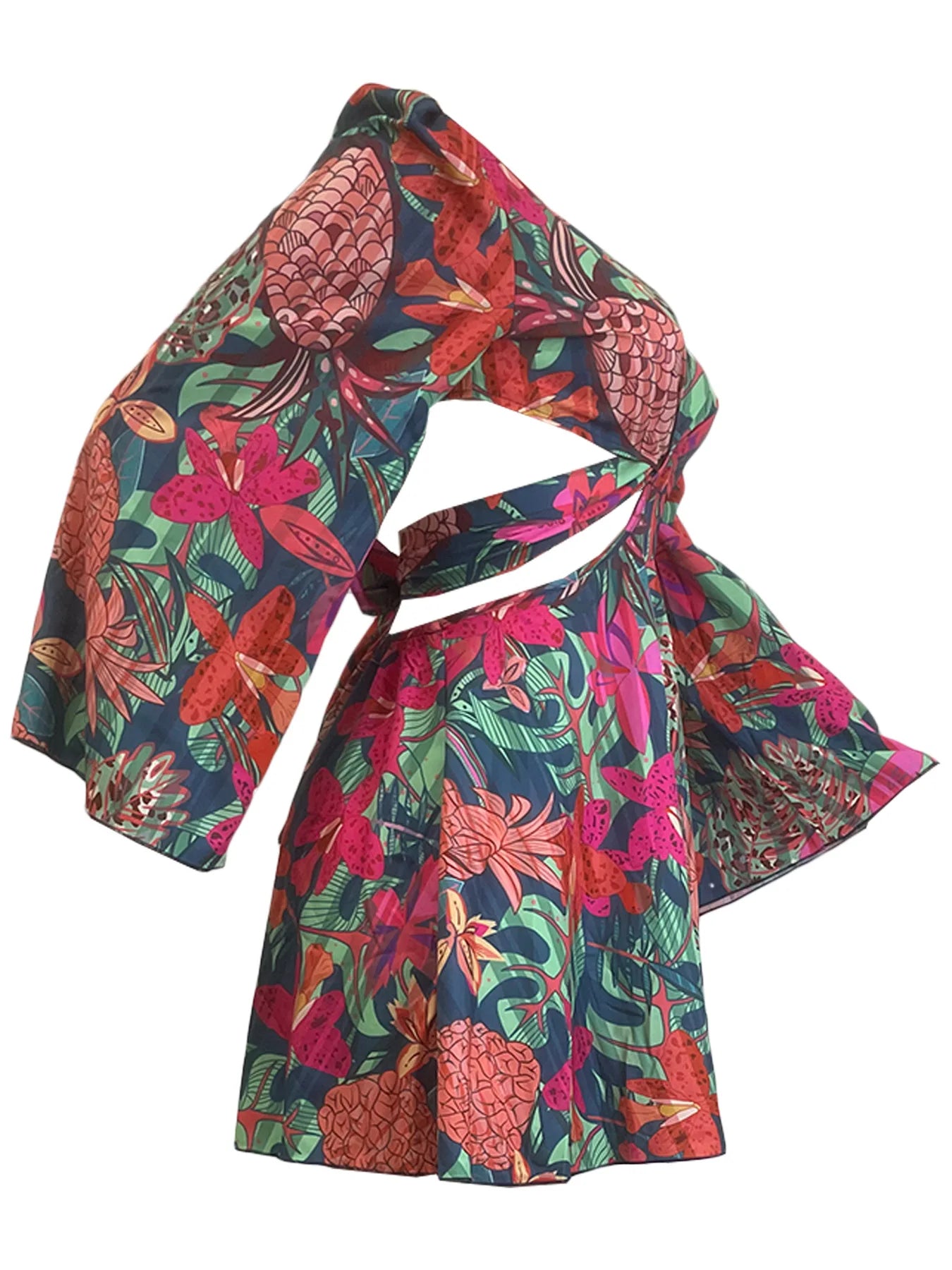 Two Piece Sets Women Skirt Set Print Floral Matching Sets V Neck Flare Sleeve Top Short Skirts Dress Sets Lace Up High Waist