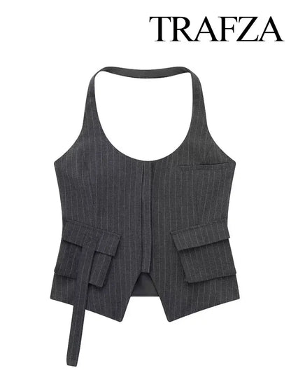 TRAFZA 2023 Summer Camis For Women Fashion Asymmetrical Sheath Short Halter Neck Straps Top Female Wild Hotsweet Women's Tops