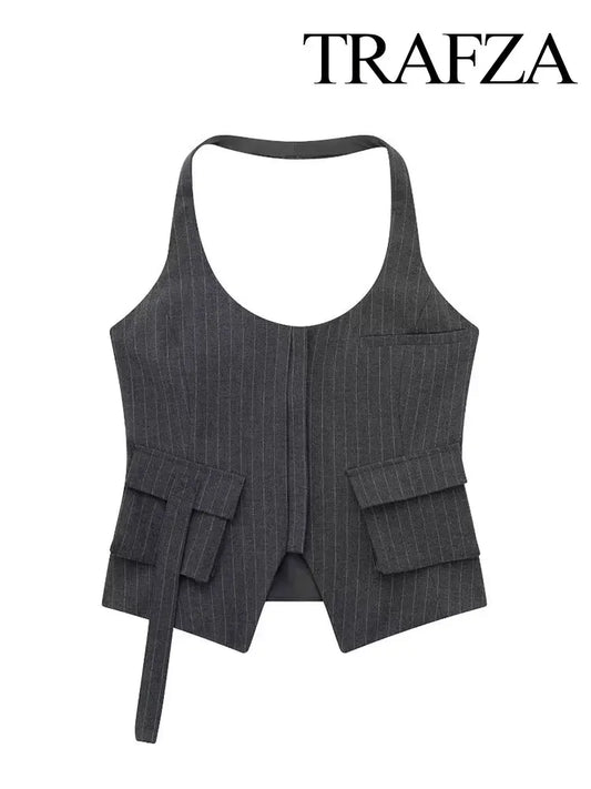 TRAFZA 2023 Summer Camis For Women Fashion Asymmetrical Sheath Short Halter Neck Straps Top Female Wild Hotsweet Women's Tops