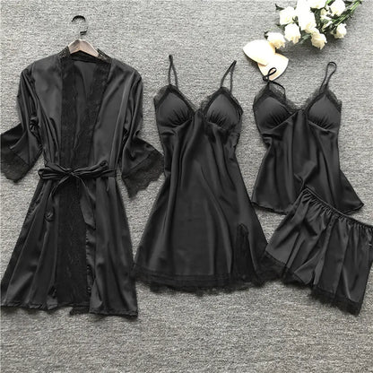 4 Pieces Pajamas Sets Satin Sleepwear Women Silk Nightwear Pyjama Strap Lace Sleep Lounge Pajama with Chest Pads