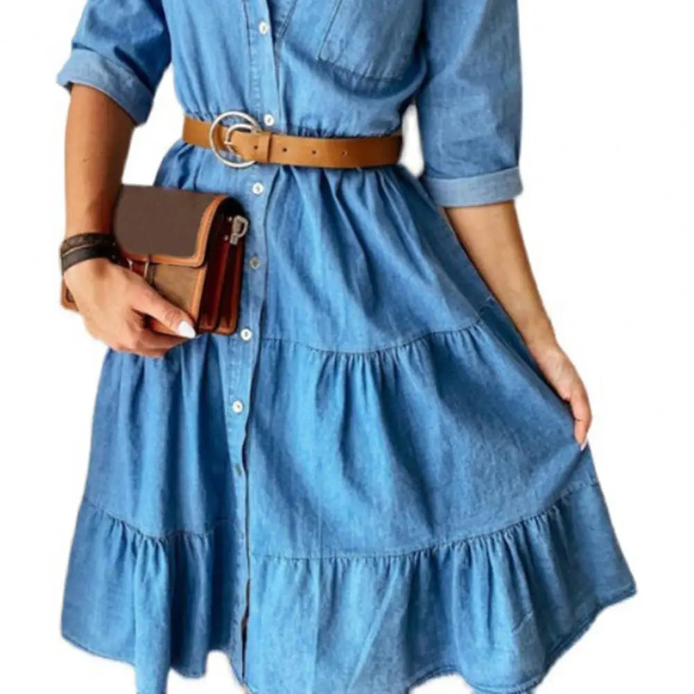 Denim Dress Three Quarter Sleeve with Belt Turn-down Collar Spring Autumn Buttons Ruffle Jeans Dresses for women 2023