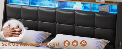 King Size Bed Frame w 4 Storage Drawers,Charging Station and LED Lights,Upholstered Bed Frame w Button Tufted Wingback Headboard