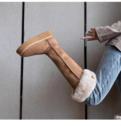 Turned-over Edge Knee-high Snow Boots Flat with Slip-on Ladies Shoes 2024 High Quality Round Toe Mid Heel Concise Women's Boots