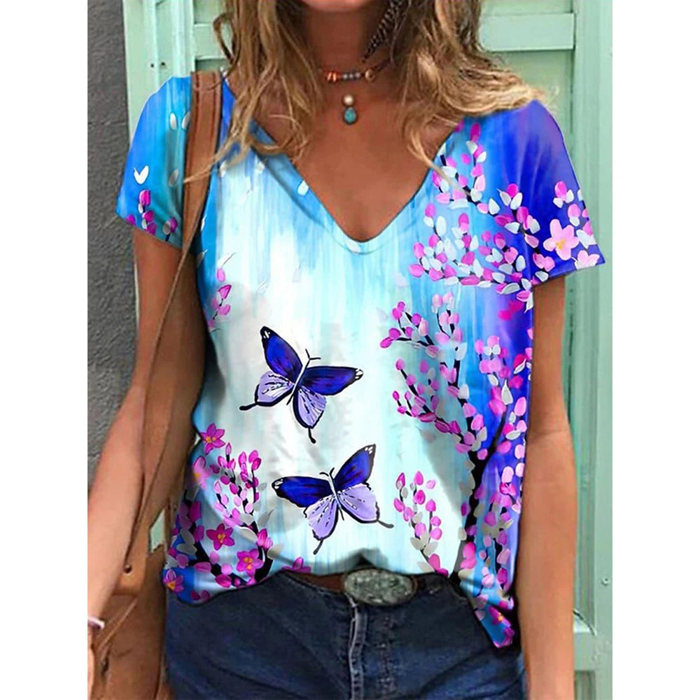 Women's T-shirts Fashion Tops V-neck Colorful Butterfly T Shirt Female Short Flowers Print Casual Tees Summer Oversized Clothes