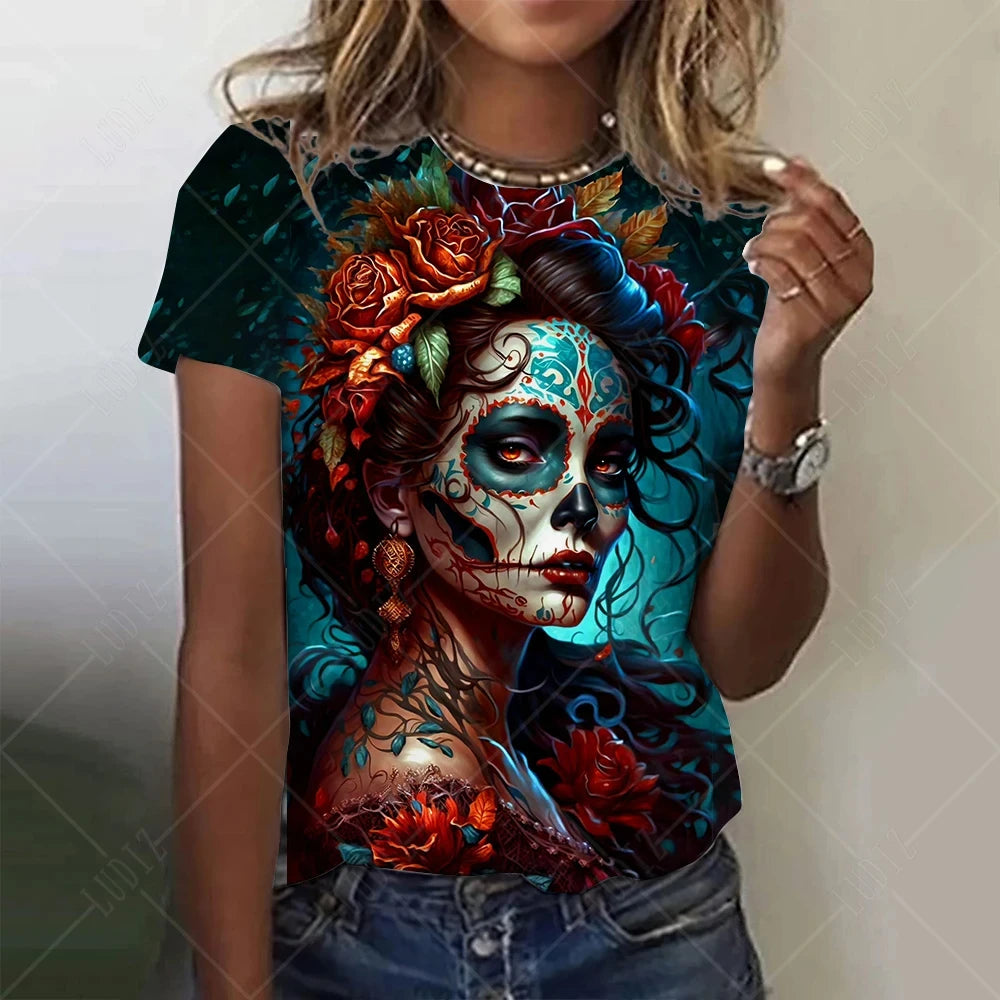 Summer Women Fashion T-shirt Mexican Day Of Dead Tops Tees Female Daily Casual Short Sleeve Clothing Ladies Vintage Outfit