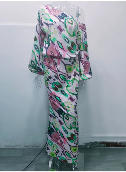 Autumn Casual Loose Print Two-piece Women Off Shoulder T-shirt Asymmetrical Long Sleeved Top And Half Body Fishtail Skirt Set