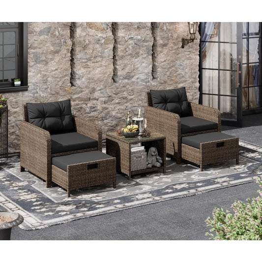 5 Piece Patio Conversation Set, PE Wicker Rattan Outdoor Lounge Chairs with Soft Cushions 2 Ottoman&Glass Table for Porch, Lawn