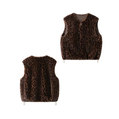 Winter fashion  casual senior sense thin  fur integrated leopard print vest warm top clothing  chalecos para mujer