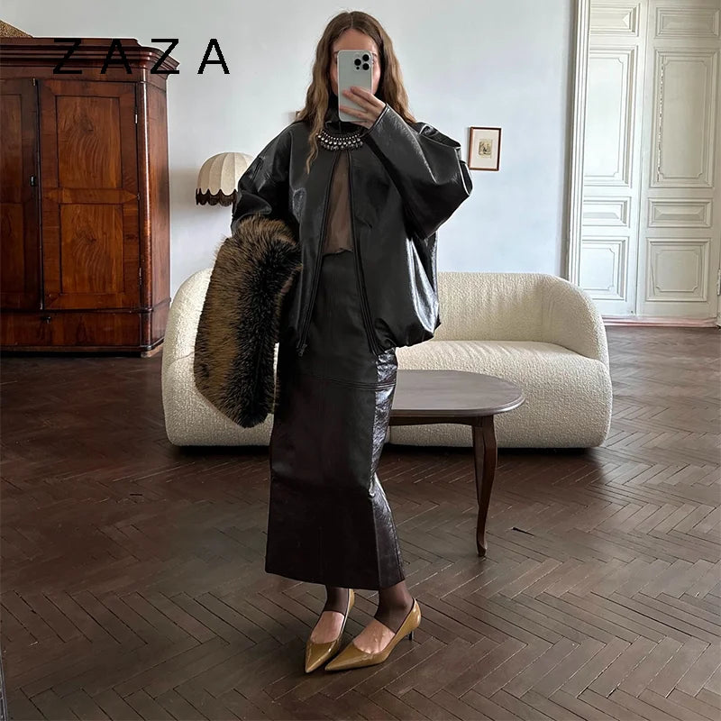 Vintage Solid Pu Leather Jacket Skirt Set High Neck Coat Slim Fit Long Skirt Coats Skirt Sets 2025 New Autumn Winter Lady Outfit