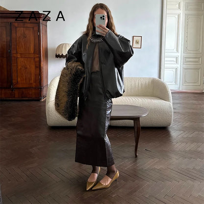 Vintage Solid Pu Leather Jacket Skirt Set High Neck Coat Slim Fit Long Skirt Coats Skirt Sets 2025 New Autumn Winter Lady Outfit