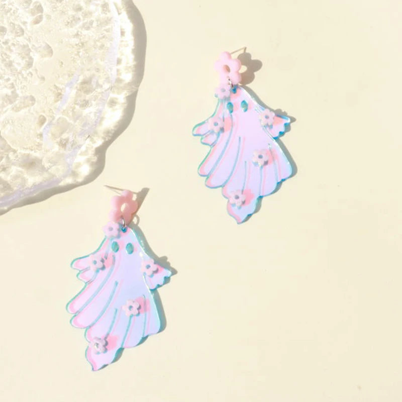 EtherealBe Halloween earrings for women featuring pastel ghost designs with floral accents