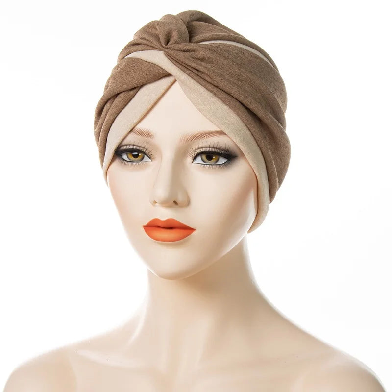 New Women Fashion Twisted Indian Hats Two Color Stitched Forehead Cross Folded Muslim Hijab Ladies Pleated Hijab Hat