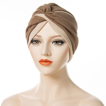 New Women Fashion Twisted Indian Hats Two Color Stitched Forehead Cross Folded Muslim Hijab Ladies Pleated Hijab Hat