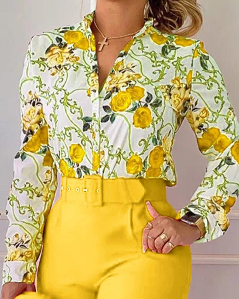 Autumn Winter Stand Neck Floral Print Long Sleeve Shirt Pants Two Piece Sets Elegant Women Casual Shirt Trousers Suits With Belt