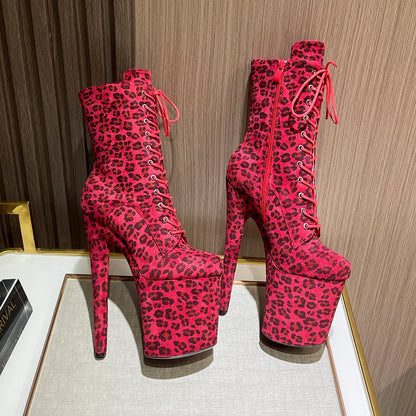 Sexy Fetish Leopard 20cm/8Inch Women's high-heeled Ankle Boots Lace-up Zip Platform Suede Pole Dance Shoes Large Size 44 WESTERN