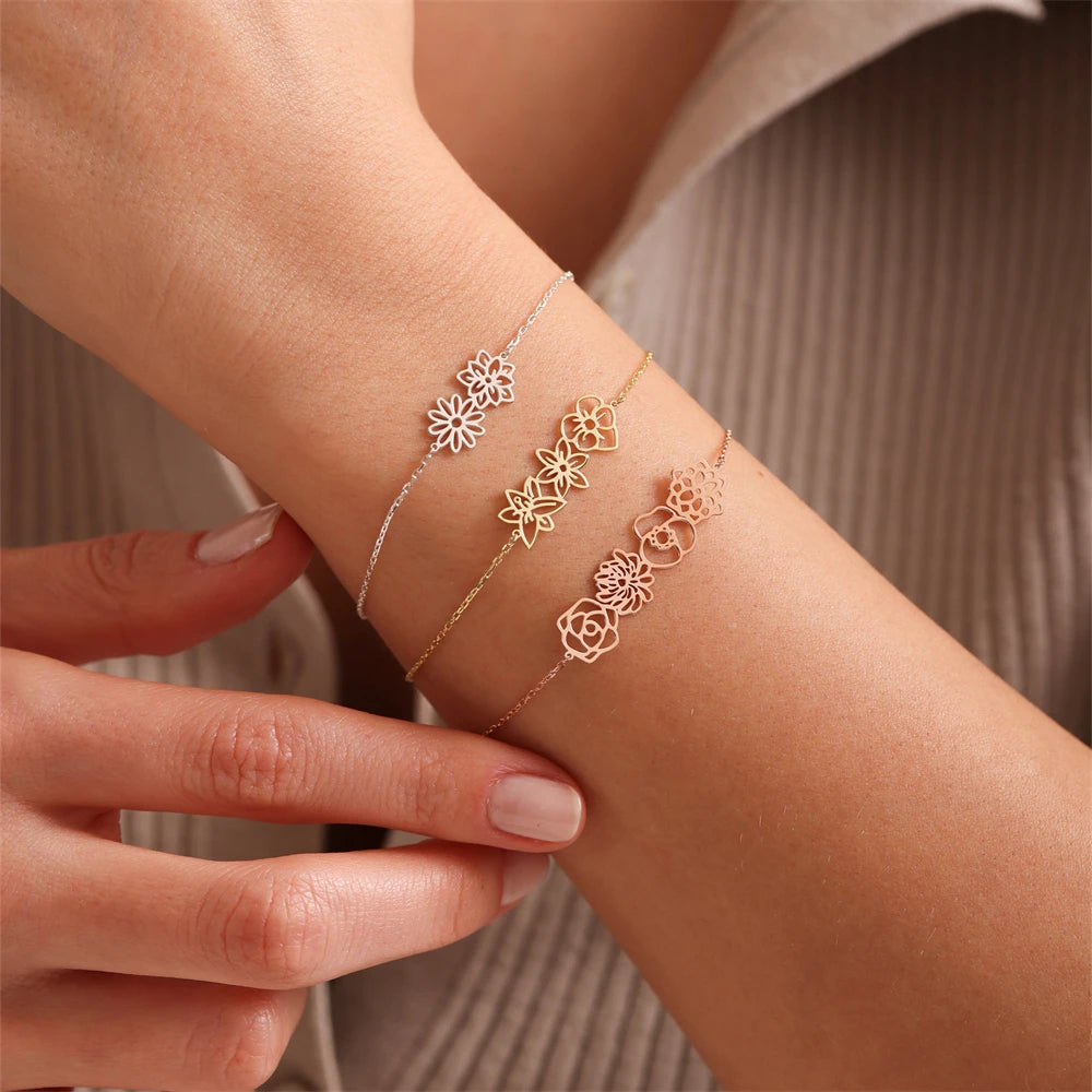 Combined Birth Flower Bracelets Women Custom Jewelry Multiple Birthflower Pulseras Stainless Steel Personalized Christmas Gift