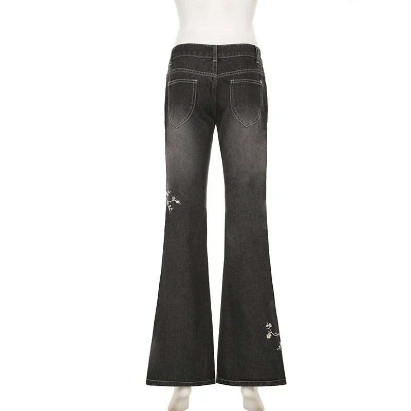 Weekeep Floral Embroidery Jeans Vintage 2000s Low Rise Flared Jeans Women Retro y2k Baggy Denim Pants High Street Basic Trousers
