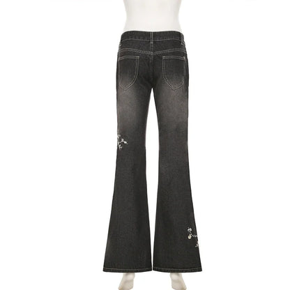 Weekeep Floral Embroidery Jeans Vintage 2000s Low Rise Flared Jeans Women Retro y2k Baggy Denim Pants High Street Basic Trousers