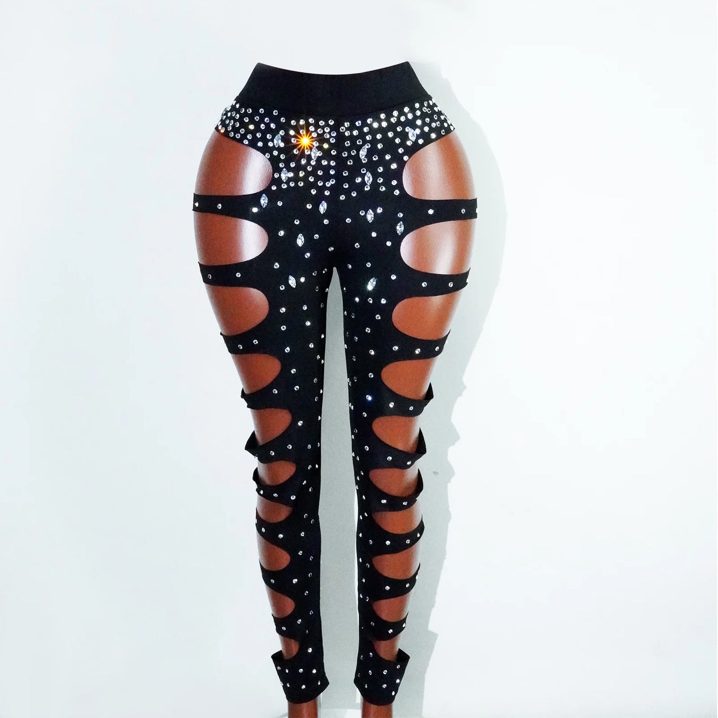 rhinestHollow Out Sexy Black Women Bodysuit pants Sets Long Sleeve Turtleneck Bodysuits Clubwear Costumes Stars Hot Singer Stage